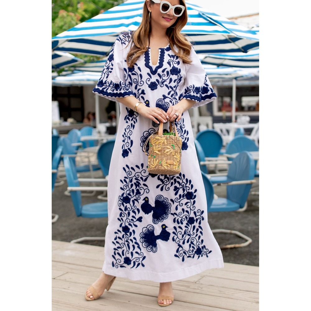 Frances Valentine Caftan Dress 8 White  Blue Embroidered Peacock Cotton Linen